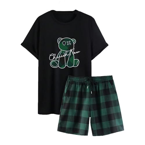 Herren Schlafanzug Kurz Oversize Pyjama Set aus Baumwolle mit Taschen Weich Bequeme Hausanzug für Sommer O-Ausschnitt T-Shirt + Karierter Shorts 2-Teilig Freizeitanzug Casual Set von Bauzuoyo