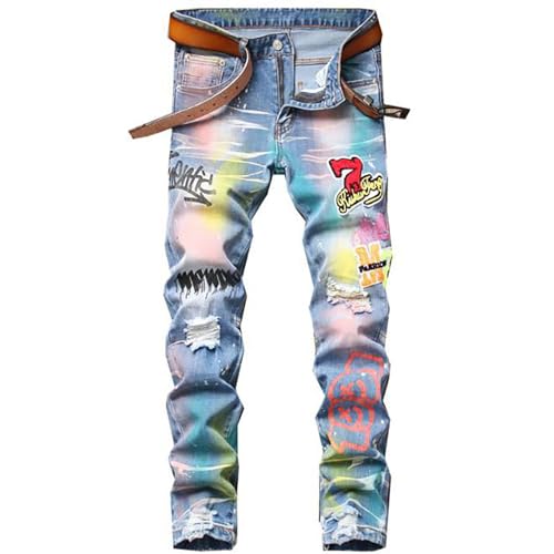 Jeans Herren Ripped Straight-Fit Jeanshose Stickerei Oversized Y2K Lustige Bunte Graffiti Hip Hop Harajuku Little Feet Denim Hose Stretch Slim 90er Jahre Style Casual Streetwear von Bauzuoyo
