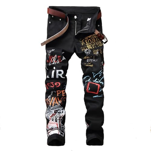 Jeans Herren Ripped Straight-Fit Jeanshose Stickerei Oversized Y2K Lustige Bunte Graffiti Hip Hop Harajuku Little Feet Denim Hose Stretch Slim 90er Jahre Style Casual Streetwear von Bauzuoyo