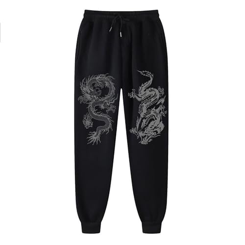 Jogginghosen Herren Lang Baumwolle Sporthose mit Drachen Bedrucken Warm Gefütterte Trainingshose Baggy Fitnesshose Damen Elegant Stoffhose Yogahose mit Taschen Vintage Streetwear von Bauzuoyo