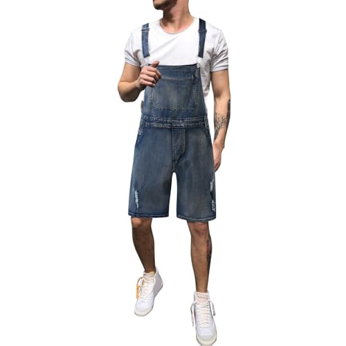 Latzhosen Herren Jeans Kurz Jumpsuit Männer Sommer Denim Overall Hose Verstellbare Lässige Loose Fit Strampler Overalls Workwear Pants Cargohosen Street Distressed Denim Latzhose von Bauzuoyo