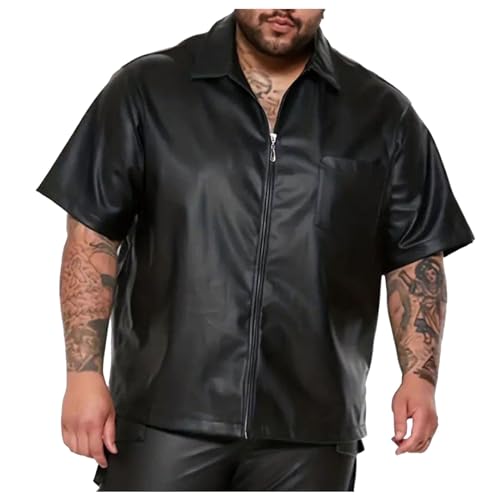 Männer Lackleder Strickjacke PU Leder Kurzarm Lederjacke mit Reißverschluss Kunstleder T-Shirt Party Outfit Jacke Oberteil Slim Fit Hemd mit Leder-Optik von Bauzuoyo