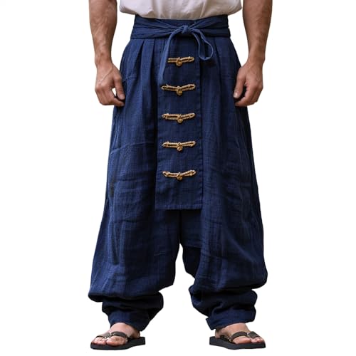 Mittelalter Hose Herren Japanischer Samurai Kostüm Baumwolle Leinen Haremshose Gothic Vintage Piratenhose Wide Leg Kordelzug Hip Hop Freizeithose Kendo Hosen Yoga Ninja Hose von Bauzuoyo