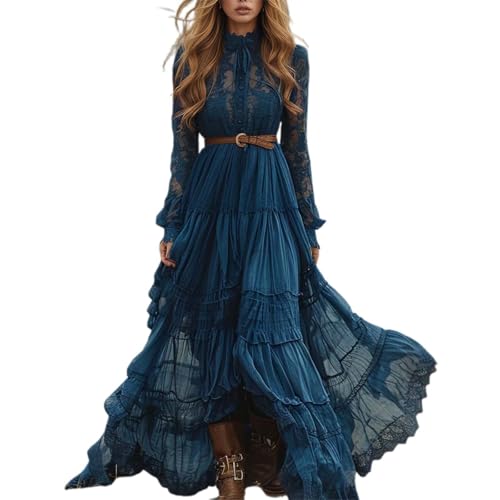 Sommerkleid Damen Vintage Western Maxikleid Sexy V-Ausschnitt Lässig Locker Langarm Rustikaler Stil Fließendes Kleid Country Blumenkleid Lace A-Linien Swing Rüschenkleid Ohne Gürtel von Bauzuoyo