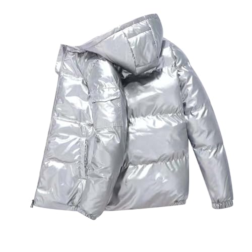 Winterjacke Herren Warme Daunenjacken mit Kapuze Metall Glänzende Windjacke mit Reißverschluss Wasserdicht Einfarbig Winter Baumwollemantel Verdickt Langarm Thermojacke mit Taschen von Bauzuoyo