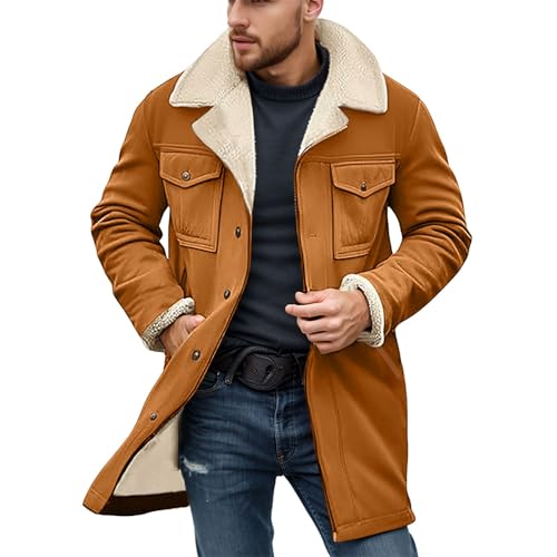 Wintermantel Herren Länge Fleecejacke Gefüttert Winterjacke Revers Wildleder Jacke Warme Übergangsjacke Einfarbig Mantel mit Reißverschluss Casual Winter Sweatjacke Baumwolle Coat von Bauzuoyo