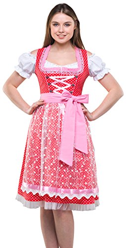 Bavarian Clothes Dirndl Damen Rosa Weiß Gepunktet 3 teiliges Set '6040' Midi Dirndl mit Dirndlbluse und Rosa Spitzenschürze (Größe 36) von Bavarian Clothes