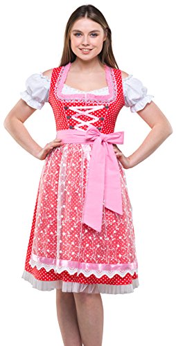 Bavarian Clothes Dirndl Damen Rosa Weiß Gepunktet 3 teiliges Set '6040' Midi Dirndl mit Dirndlbluse und Rosa Spitzenschürze (Größe 38) von Bavarian Clothes