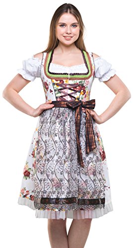 Bavarian Clothes Dirndl Damen Braun Weiß mit Tüllschürze, 3 teiliges Set '7030' Midi Trachten Dirndl Blumenmuster Dirndlbluse (Größe 34) von Bavarian Clothes