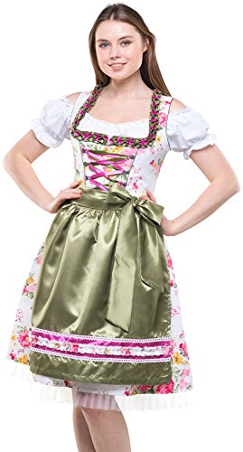 Bavarian Clothes Damen Grün Rosa Trachtenkleid 3 teilig '7020' Midi Dirndl mit Dirndlbluse und Bestickter Dirndlschürze (Größe 38) von Bavarian Clothes
