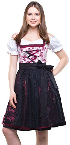 Bavarian Clothes Dirndl Damen Weinrot Schwarz Set 3 tlg '8020' Midi Dirndl mit Dirndlbluse und Schwarzer Spitzen-Dirndlschürze (Größe 40) von Bavarian Clothes