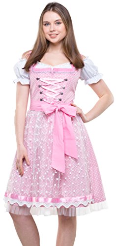 Bavarian Clothes Dirndl Damen Hellrosa Gepunktet mit Tüllschürze, 3 teiliges Set '6050' Midi Trachten Dirndl mit Dirndlbluse (Größe 40) von Bavarian Clothes