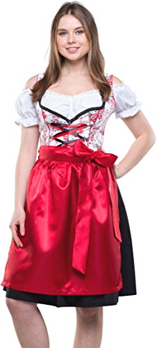 Bavarian Clothes Dirndl Damen Midi Trachtenkleid 8010 mit Dirndlbluse und Schürze 3 teilig Schwarz Rot Weiß Wiesn Oktoberfest (Größe 36) von Bavarian Clothes