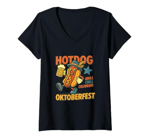 Damen lustiges Hotdog Motiv im bayerischen Festzelt Look T-Shirt mit V-Ausschnitt von Bavarian Humor Wear , Retro Look
