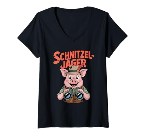 Damen Schnitzel Jaeger Bayerisches Schwein mit Ferngläsern Spaß T-Shirt mit V-Ausschnitt von Bavarian Oktoberfest Pig Hunter Humor Alpine