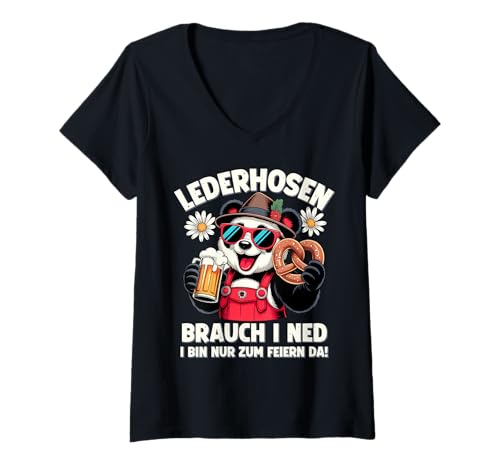 Damen Lederhosen brauch i ned – Panda Oktoberfest T-Shirt mit V-Ausschnitt von Bavarian Panda Oktoberfest Party