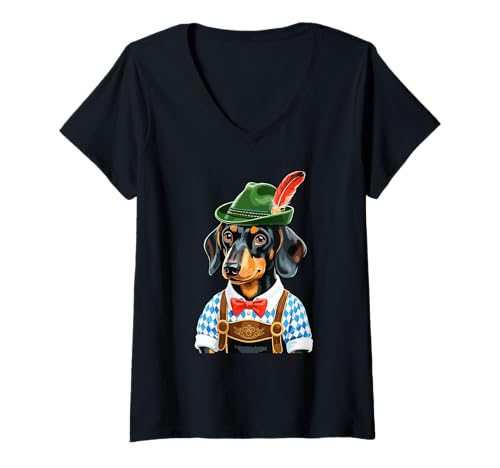 Damen Dackel in Lederhosen Oktoberfest T-Shirt mit V-Ausschnitt Damen Dackel in Lederhosen Oktoberfest T-Shirt mit V-Ausschnitt von Bavarian Pup Co.