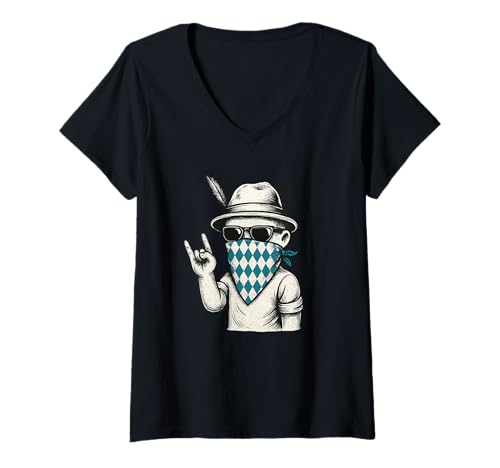 Damen Retro Bavarian Rock Music Gift Men Kids Women Funny Bavarian T-Shirt mit V-Ausschnitt von Bavarian Rock Lover Costume Typical German Outfit