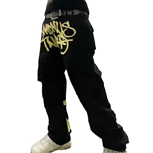 Hip-Hop Hose | Cargo Hosen Männer | y2k Baggy Lange Hosen hip hop Cargo Hosen | Herren hip hop Baggy Jeans Vintage Graffiti Denim Jeanshose | Cargo Jogginghose Y2k Jeans Baggy,Rock Straight Hose von Bavokon