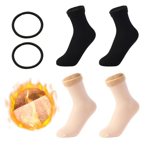 Dicke Socken Damen,Kuschelige Winter Thermosocken,Warme Stiefelsocken für Kaltes Wetter,Verdickte Schlauchstrümpfe Socken,Samt Gefütterte Socken,Mittelrohr Bodensocken Schwarz Und Hautfarbe,2 Paare von Bavooty