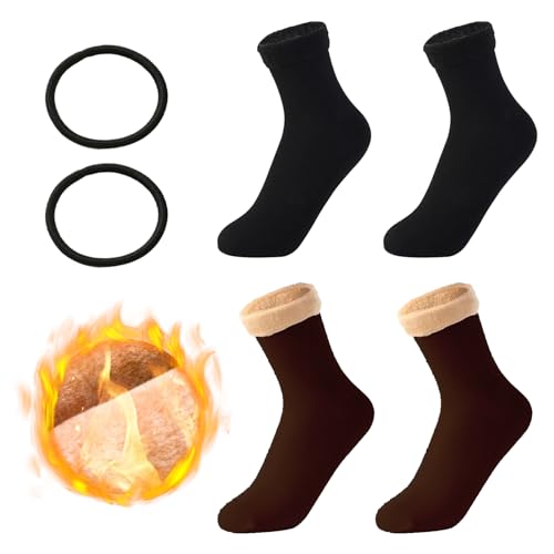 Dicke Socken Damen,Kuschelige Winter Thermosocken,Warme Stiefelsocken für Kaltes Wetter,Verdickte Schlauchstrümpfe Socken,Samt Gefütterte Socken,Mittelrohr Bodensocken Schwarz Und Kaffeefarbe,2 Paare von Bavooty