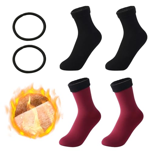 Dicke Socken Damen,Kuschelige Winter Thermosocken,Warme Stiefelsocken für Kaltes Wetter,Verdickte Schlauchstrümpfe Socken,Samt Gefütterte Socken,Mittelrohr Bodensocken Schwarz Und Rotwein,2 Paare von Bavooty