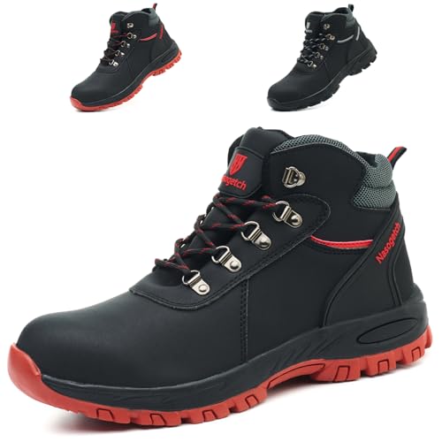 Bawalon Arbeitsschuhe Herren Sicherheitsstiefel Wasserdicht Leicht Sicherheitsschuhe Damen Winter Arbeitsstiefel mit Stahlkappe Schwarz Rot 42 EU von Bawalon
