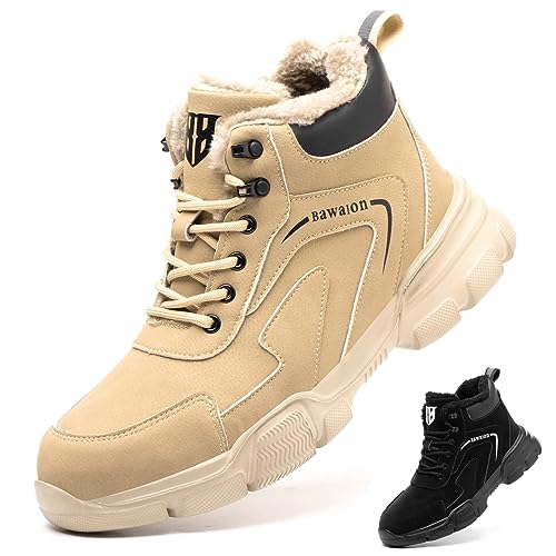 Bawalon Sicherheitsstiefel Herren Leicht Sicherheitsschuhe Herren Damen Wasserdicht Warme Gefüttert Arbeitsschuhe mit Stahlkappe Khaki-Fellfutter 36 EU von Bawalon