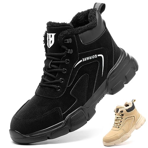 Bawalon Sicherheitsstiefel Herren Leicht Sicherheitsschuhe Herren Damen Wasserdicht Warme Gefüttert Arbeitsschuhe mit Stahlkappe Schwarz-Fellfutter 47 EU von Bawalon