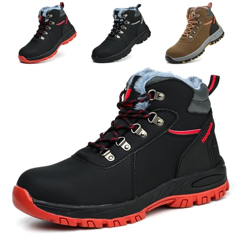 Bawalon Warm Gefüttert Arbeitsschuhe Herren Winter Wasserdicht Sicherheitsschuhe Damen S3 Arbeitsstiefel mit Stahlkappe rutschfest Schutzschuhe Schwarz RED 42 EU von Bawalon