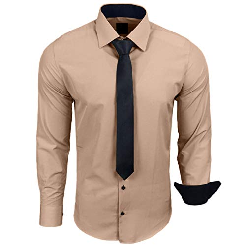 Baxboy 444-BK Herren Kontrast Hemd Business Hemden mit Krawatte Hochzeit Freizeit Fit, Farbe:Beige, Größe:3XL von Baxboy