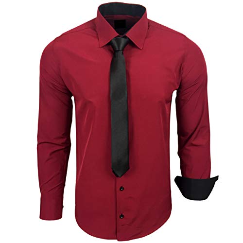 Baxboy 444-BK Herren Kontrast Hemd Business Hemden mit Krawatte Hochzeit Freizeit Fit, Farbe:Bordeaux, Größe:5XL von Baxboy