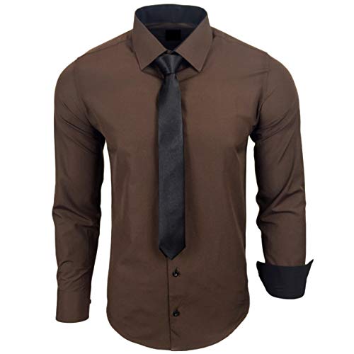 Baxboy 444-BK Herren Kontrast Hemd Business Hemden mit Krawatte Hochzeit Freizeit Fit, Farbe:Braun, Größe:2XL von Baxboy