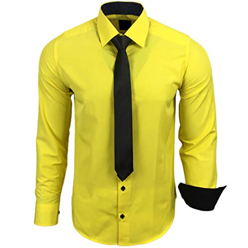 Baxboy 444-BK Herren Kontrast Hemd Business Hemden mit Krawatte Hochzeit Freizeit Fit, Farbe:Gelb, Größe:2XL von Baxboy