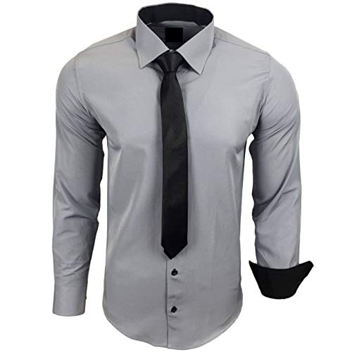 Baxboy 444-BK Herren Kontrast Hemd Business Hemden mit Krawatte Hochzeit Freizeit Fit, Farbe:Grau, Größe:5XL von Baxboy