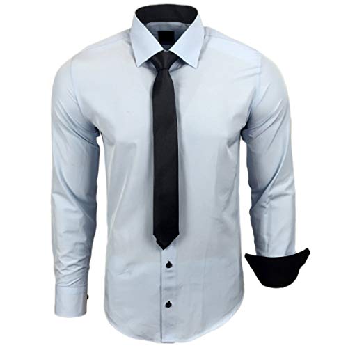 Baxboy 444-BK Herren Kontrast Hemd Business Hemden mit Krawatte Hochzeit Freizeit Fit, Farbe:Hellblau, Größe:S von Baxboy