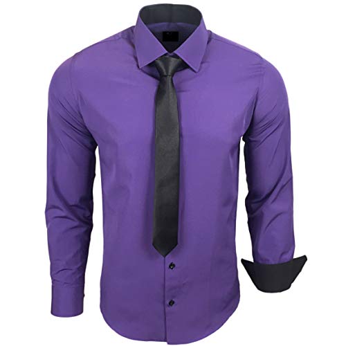 Baxboy 444-BK Herren Kontrast Hemd Business Hemden mit Krawatte Hochzeit Freizeit Fit, Farbe:Lila, Größe:5XL von Baxboy