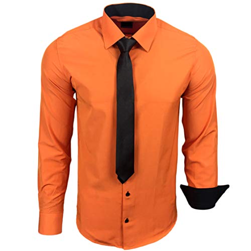 Baxboy 444-BK Herren Kontrast Hemd Business Hemden mit Krawatte Hochzeit Freizeit Fit, Farbe:Orange, Größe:3XL von Baxboy