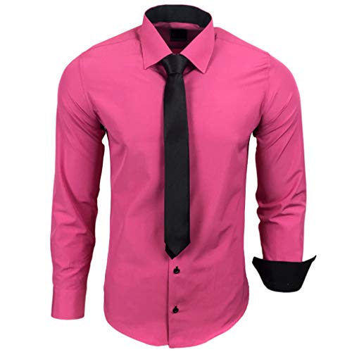 Baxboy 444-BK Herren Kontrast Hemd Business Hemden mit Krawatte Hochzeit Freizeit Fit, Farbe:Pink, Größe:4XL von Baxboy