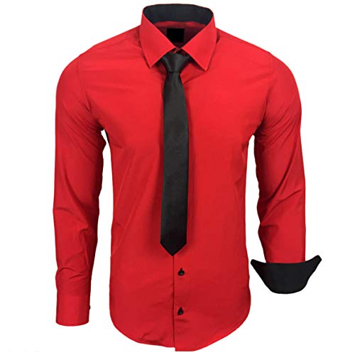 Baxboy 444-BK Herren Kontrast Hemd Business Hemden mit Krawatte Hochzeit Freizeit Fit, Farbe:Rot, Größe:3XL von Baxboy