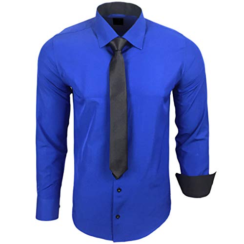 Baxboy 444-BK Herren Kontrast Hemd Business Hemden mit Krawatte Hochzeit Freizeit Fit, Farbe:Sax, Größe:3XL von Baxboy