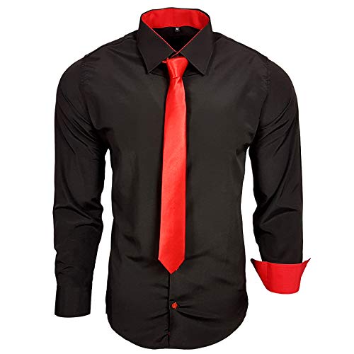 Baxboy 444-BK Herren Kontrast Hemd Business Hemden mit Krawatte Hochzeit Freizeit Fit, Farbe:Schwarz/Rot, Größe:2XL von Baxboy