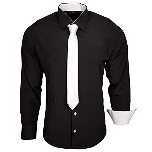 Baxboy 444-BK Herren Kontrast Hemd Business Hemden mit Krawatte Hochzeit Freizeit Fit, Farbe:Schwarz-Weiß, Größe:2XL von Baxboy