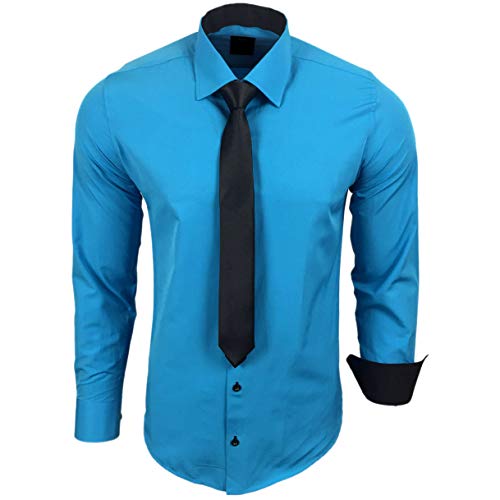 Baxboy 444-BK Herren Kontrast Hemd Business Hemden mit Krawatte Hochzeit Freizeit Fit, Farbe:Türkis, Größe:6XL von Baxboy