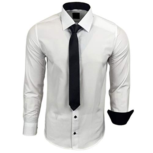 Baxboy 444-BK Herren Kontrast Hemd Business Hemden mit Krawatte Hochzeit Freizeit Fit, Farbe:Weiss/Schwarz, Größe:4XL von Baxboy