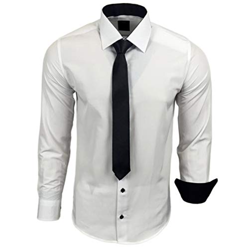 Baxboy 444-BK Herren Kontrast Hemd Business Hemden mit Krawatte Hochzeit Freizeit Fit, Farbe:Weiss/Schwarz, Größe:6XL von Baxboy