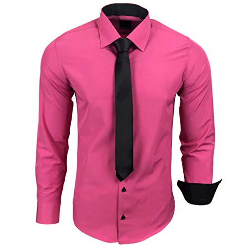 Baxboy 444-BK Herren Kontrast Hemd Business Hemden mit Krawatte Hochzeit Freizeit Fit, Farbe:Pink, Größe:XL von Baxboy