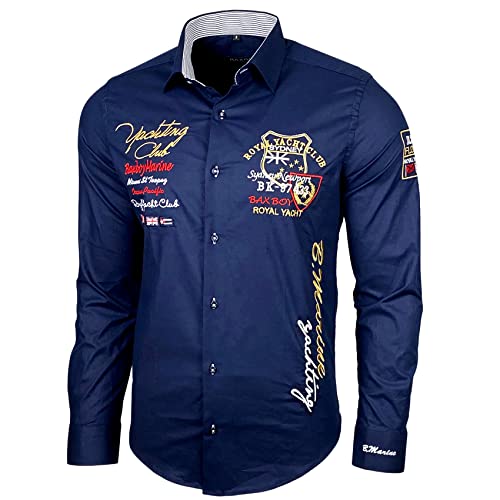 Baxboy Elastisch Slim Fit Hemd für Freizeit Business Hochzeit - Reine Farbe Kentkragen Langarm Kontrast - Marine, Größe L von Baxboy