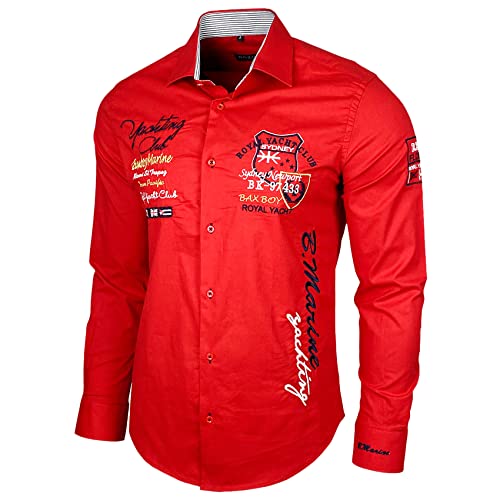 Baxboy Elastisch Slim Fit Hemd für Freizeit Business Hochzeit - Reine Farbe Kentkragen Langarm Kontrast - Farbe:Rot, Größe:S von Baxboy