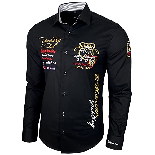Baxboy Elastisch Slim Fit Hemd für Freizeit Business Hochzeit - Reine Farbe Kentkragen Langarm Kontrast - Farbe:Schwarz, Größe:2XL von Baxboy
